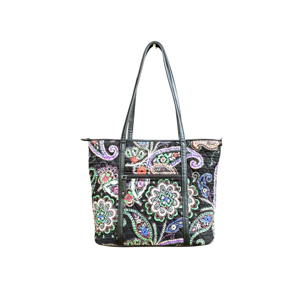 Vera Bradley Black Paisley Floral Quilted Tote Shoulder Bag Zip Top Purse